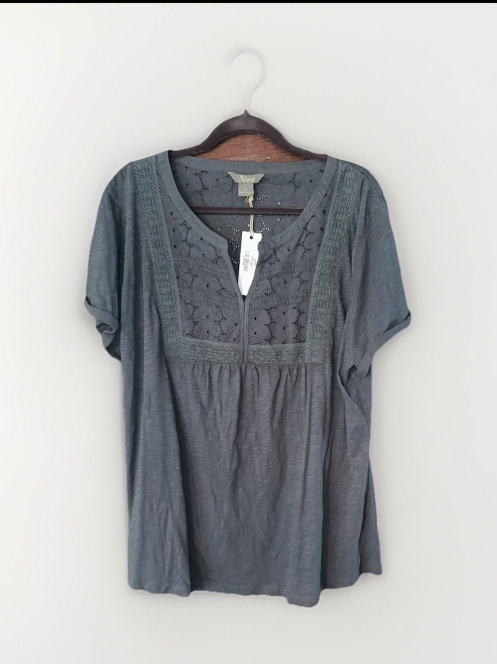Natural Reflections Gray Lace Yoke Short Sleeve Blouse